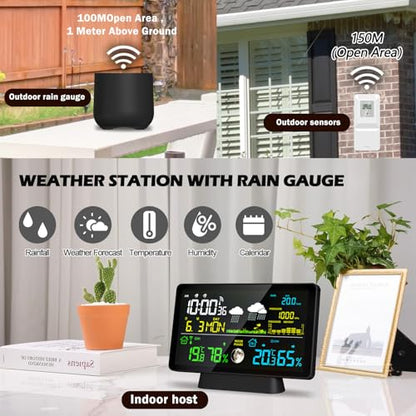 Wireless Rain Gauge and Weather Station, Digital Rain Gauge Outdoor Home Weather Stations with Thermometer, Hygrometer, Atomic Clock, Forecast and Barometer, Weather Station with Rain Gauges