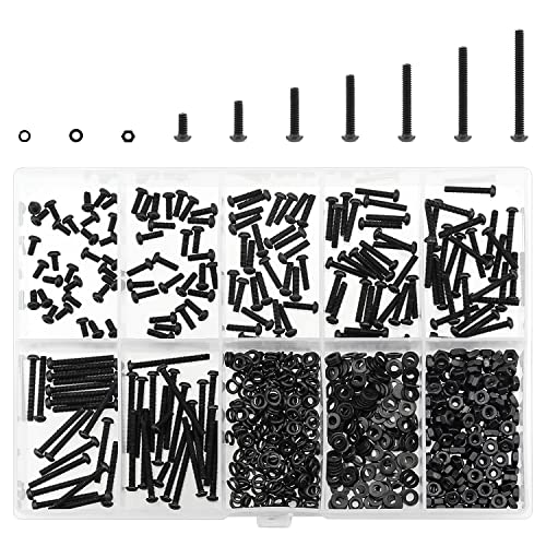 HELIFOUNER 560 Pieces M2 x 4mm /6mm /8mm /10mm /12mm /16mm /20mm, Button Head Socket Cap Screws Bolts Washers Nuts Kit, 10.9 Grade Alloy Steel, Full Threaded, Black - size: M2, style: Button Head