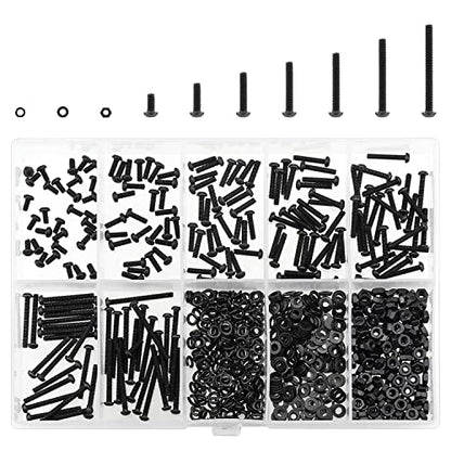 HELIFOUNER 560 Pieces M2 x 4mm /6mm /8mm /10mm /12mm /16mm /20mm, Button Head Socket Cap Screws Bolts Washers Nuts Kit, 10.9 Grade Alloy Steel, Full Threaded, Black - size: M2, style: Button Head