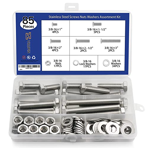 85PCS Nuts and Bolts 3/8-16 x 1”, 1-1/2”, 2”, 2-1/2”, 3” Carbon Steel Hex Nuts and Bolts Assortment Kit Hardware Screws Assortment Kit (5 Different Sizes) - size: 3/8-16 (85 Pcs)