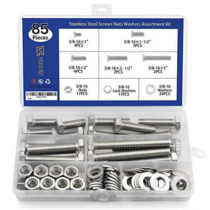 85PCS Nuts and Bolts 3/8-16 x 1”, 1-1/2”, 2”, 2-1/2”, 3” Carbon Steel Hex Nuts and Bolts Assortment Kit Hardware Screws Assortment Kit (5 Different Sizes) - size: 3/8-16 (85 Pcs)