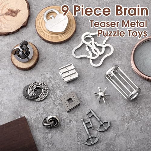 Wettarn 9 Pcs Metal Brain Teasers 3D Steel Puzzle Set, Engaging Style - style: Engaging Style