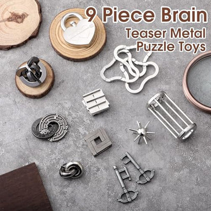 Wettarn 9 Pcs Metal Brain Teasers 3D Steel Puzzle Set, Engaging Style - style: Engaging Style