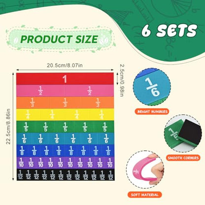 6 Sets Magnetic Fraction Tiles for Classroom EVA Foam Manipulatives CCSS, STEM, ASTM Rainbow Fraction Tiles Math Learning Manipulatives Set Fraction Bars for Preschool Elementary School