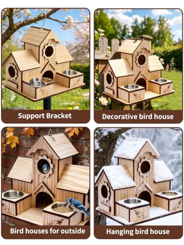 4-Hole Birdhouse for Outside with Feeding Tray, Cedar Wood