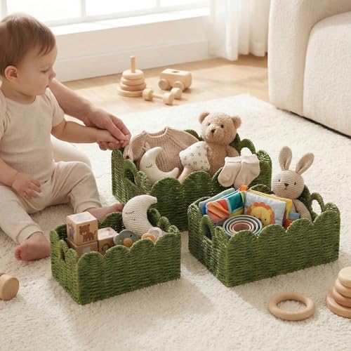 Scalloped Wicker Basket Set of 3, Hand-Woven Storage with Handles - color: Greem