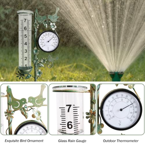Rain Gauge Best Rated with Thermometer, Freeze Proof & Weatherproof - color: Bird & Flowe (Green)