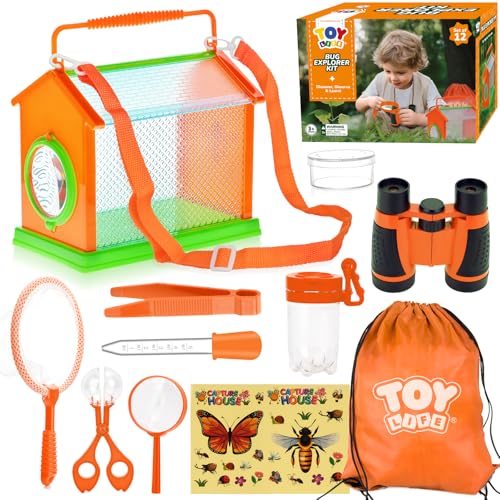 TOY Life Bug Catcher for Kids, Bug Catching Kit Kids Explorer Kit with Butterfly Net, Catching Tool, Tweezers, Magnifying Glass, Binoculars, Insect Catcher, Educational Outdoor Toys Kid Adventure Set - color: 12 Pcs-orange