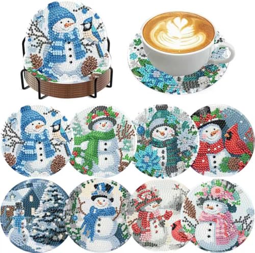 8 PCS Christmas Diamond Art Coasters Kits with Holder Cork Pads - color: Christmas Snowman a Coasters