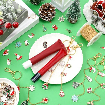 VioraWhite 213 Pcs Christmas Theme Lip Gloss Keychain Making Kit 100 Pink Enamel Charms 32.81 ft Gold Chains for DIY Crafts Women - style: Christmas Theme