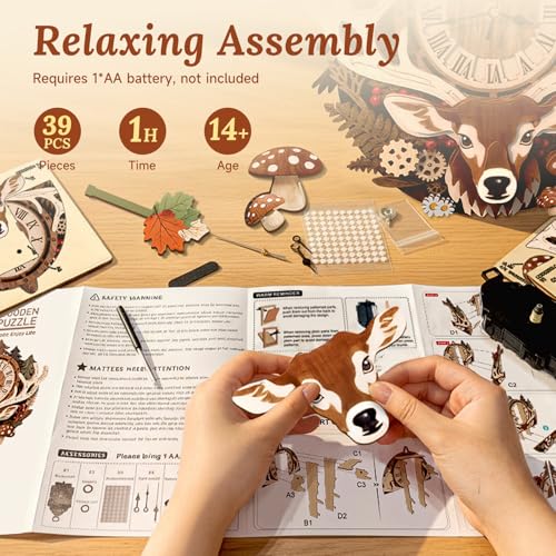 3D Wooden Puzzle for Adults - Forest Deer Clock - color: Forest Deer