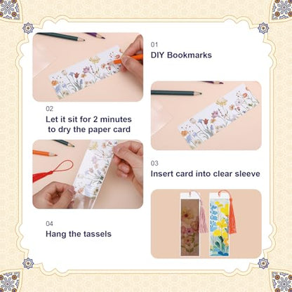 60 Sets Blank Kraft Paper Bookmarks Kit with Tassels and PVC Sleeves - color: White+brown/60pcs