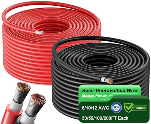 Bateria Power Solar Panel Wire 200Ft Black and 200Ft Red Kit, 10AWG (6mm²) Solar Panel Extension Cable PV Tinned Copper Wire for Outdoor Home Off-Grid Photovoltaic Systems Automotive RV Boat Marine - color: Black+Red, size: 200Ft 10AWG
