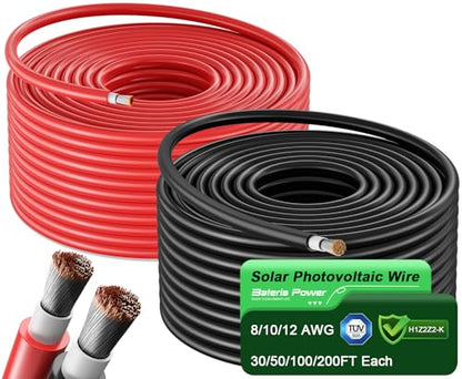 Bateria Power 2x50 Feet Solar Panel Wire, 12AWG (4mm²) Tinned Copper Solar Panel Extension Cable PV Wiring for Photovoltaic Solar System, Automotive RVs, Marine (50FT Red + 50FT Black) - color: Black+Red, size: 50Ft 12AWG