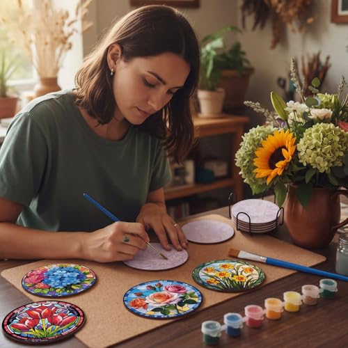 Reallnaive 16 Pcs Flower Paint by Numbers Kit for Adults Wood Floral Coaster - style: Floral