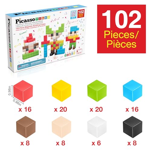 PicassoTiles 102pcs Pixel Magnetic Puzzle Cube 1” Pixel Mix & Match Toys with Ideabook STEM Education Learning Building Block Magnets Construction ToySet Stacking Creative Kit for Kids Age 3+ PMC102 - style: 102pc