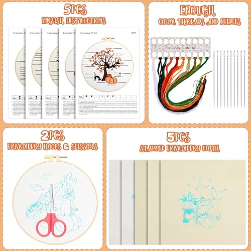 Yuxung 5 Sets Fall Embroidery Kit Halloween Embroidery Cross Stitch Kit