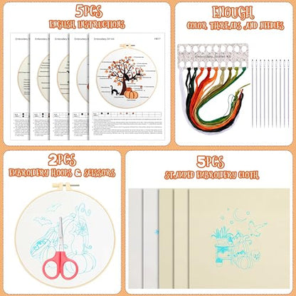 Yuxung 5 Sets Fall Embroidery Kit Halloween Embroidery Cross Stitch Kit