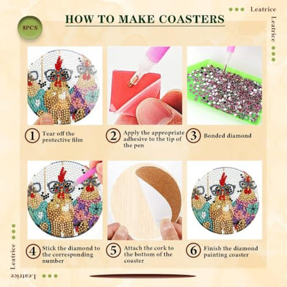 Leatrice 8 Pcs Diamond Art Coasters Small Diamond Painting Kits for Adults - color: AA Chicken