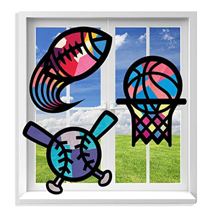 VHALE Suncatchers Craft 3 Sets (9 Cutouts) w Tissue Papers Stained Glass Effect Paper Sun Catcher Kit, Window Art, Classroom Crafts, Creative Art Projects, Kids Party Favors (Sport) - style: Sport