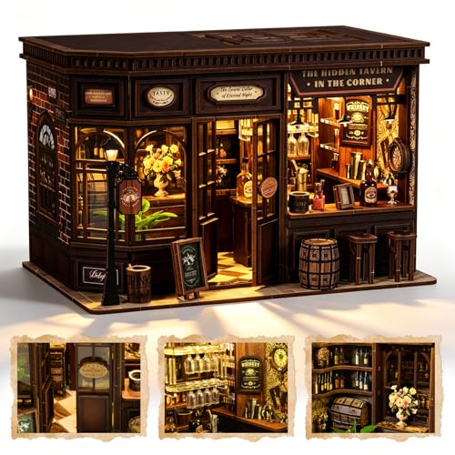 Corner Tavern Book Nook Kit, 3D Wooden Puzzle DIY Miniature House with Warm LED Light, Aesthetic Bookshelf Insert Decor for Adults & Teens - style: Corner Tavern