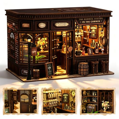 Corner Tavern Book Nook Kit, 3D Wooden Puzzle DIY Miniature House with Warm LED Light, Aesthetic Bookshelf Insert Decor for Adults & Teens - style: Corner Tavern