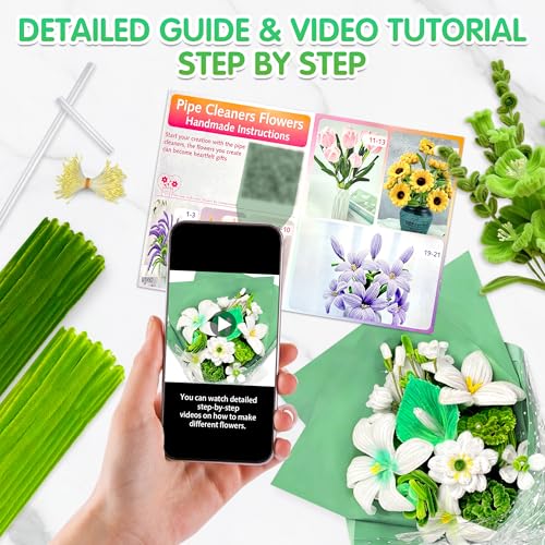 LINAYE 500 PCS Pipe Cleaners Craft, 6 Colors Pipe Cleaners Flowers Kit, Chenille Stems for Crafts with Instruction Wrapping Paper, Flower Stamens, Stems Art and Craft Supplies Green - color: Green