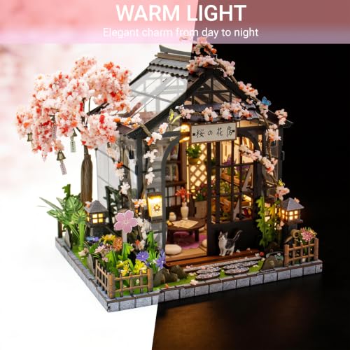 DIY Miniature House Kit, Fairy Dollhouse for Adults to Build, Mini Home Building Kit with Wooden Furniture & LED Lights,Garden Detials, Gift for Family and Friends (Spring Sakura Greenhouse) - color: Spring Sakura Greenhouse