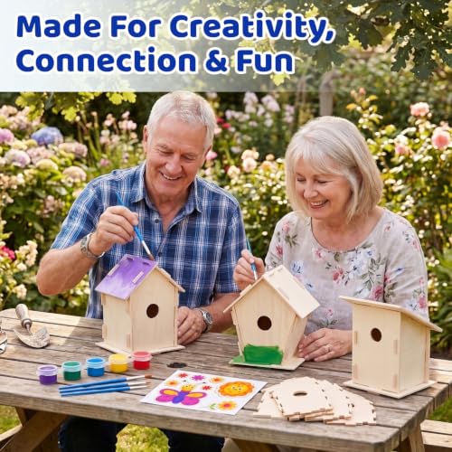 Neliblu DIY 12 Wooden Bird House Kits - Creative Arts and Crafts Set for Adults - Unfinished Wood Birdhouses with Paint Strips, Brushes, Stickers and Strings - 3 Unique Shapes, 2 Sizes