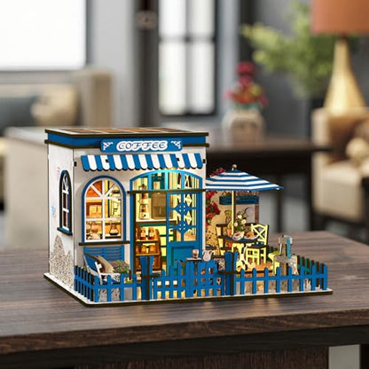 DIY Miniature Dollhouse Kit with Touch LED Light, 3D Wooden Puzzle Santorini Cafe Model, Creative Ocean Style Building Set, Arts and Crafts Gift for Adults (317 Pcs) - style: Mediterranean, Santorini Style