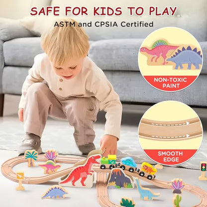 SainSmart Jr. Wooden Train Set Dinosaur Theme, Train Toys with 6 Kinds of Dinosaurs, Dinosaur Train Compatible with Brio, Thomas, Melissa & Doug – Perfect Wood Toy for Boys and Girls - style: Dinosaur