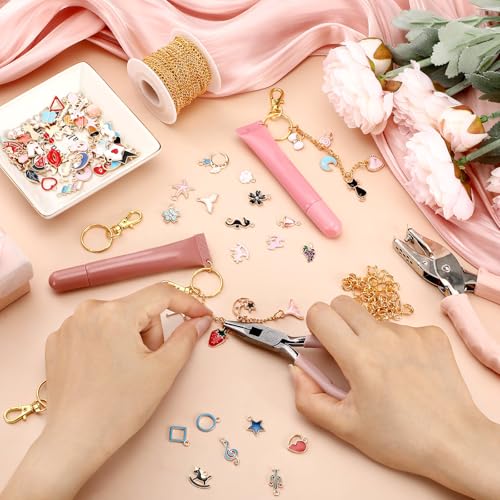VioraWhite 213 Pcs Keychain Making Kit Bag Charm Kit Stylish Lip Gloss Keychain Making 100 Pink Enamel Charms 32.81 ft Gold Chains for DIY Crafts Women - style: Stylish