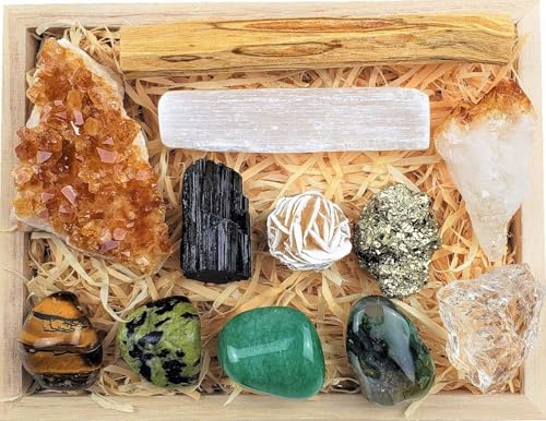 Crystals and Healing Stones Premium Kit Wooden Box - Chakra Stones Healing Crystals Set, Rose Quartz, Amethyst Cluster, Quartz Points, Chakra Pendulum (Abundance and Prosperity Crystal Collection) - color: Black, Brown, Green