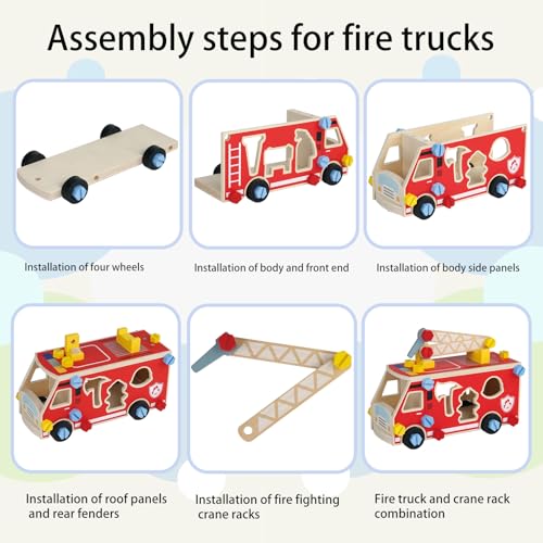 LOVELAND Wooden Fire Truck Toy, Take Apart STEM Building Set with Kid-Safe Screwdriver & 6 Shape Sorter Tools, DIY Montessori Construction Vehicle, Pretend Play Educational Gift for Boys Girls Ages 3+