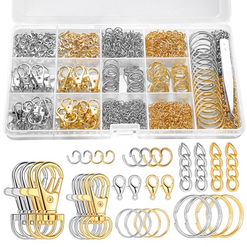 1130PCS Keychain Making Kit Jump Rings for Jewelry DIY Supplies Gold/Silver - color: Gold and Silver