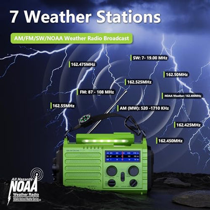 Emergency Weather Radio Battery Powered 5000mAh/18500mWh, Solar Hand Crank - color: Light Green