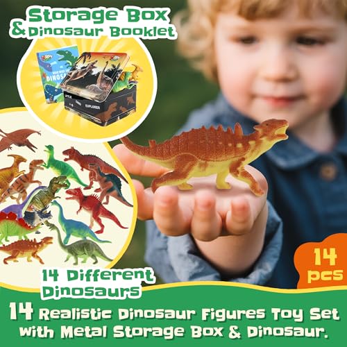 Zippytots Dinosaur Toys for Kids 3-5-7-14 Realistic Plastic Dinosaur Figures with Metal Storage Box & Learning Booklet - Educational Dino Figure Toys for Boys Girls Toddlers - style: 14pc-Medium-MetalBox