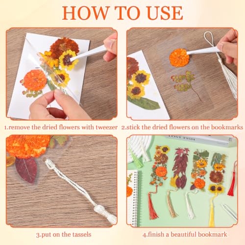 20 Sets Dried Flower Bookmark Making Kit Transparent Bookmark DIY Projects Craft Gift Bulk PET Sticker with Color Tassels and Tweezer for Classroom Activities Reading Award and Book Lovers (Autumn) - style: Autumn