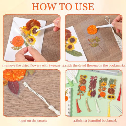 20 Sets Dried Flower Bookmark Making Kit Transparent Bookmark DIY Projects Craft Gift Bulk PET Sticker with Color Tassels and Tweezer for Classroom Activities Reading Award and Book Lovers (Autumn) - style: Autumn