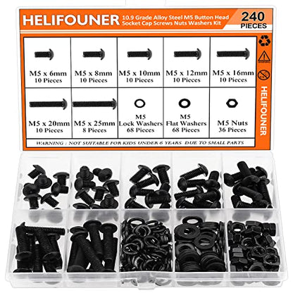 HELIFOUNER 240 Pieces M5 x 6mm /8mm /10mm /12mm /16mm /20mm /25mm, Button Head Socket Cap Screws Bolts Washers Nuts Kit, 10.9 Grade Alloy Steel, Full Threaded, Black - size: M5, style: Button Head