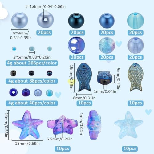 SUNNYCLUE 1 Box 540pcs Ocean Beads Kit Glass Summer Fish Starfish Charms Blue Hawaii Sea Animal Charm Glass Seed Beads for Jewelry Making Findings Kits DIY Bracelet Necklace Supplies - color: Blue