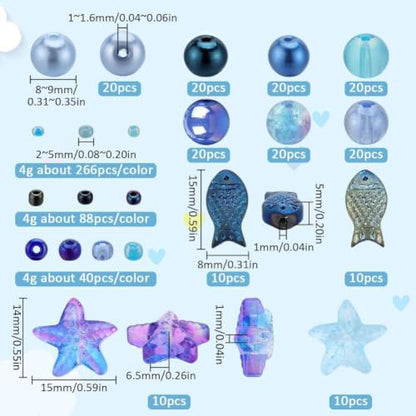 SUNNYCLUE 1 Box 540pcs Ocean Beads Kit Glass Summer Fish Starfish Charms Blue Hawaii Sea Animal Charm Glass Seed Beads for Jewelry Making Findings Kits DIY Bracelet Necklace Supplies - color: Blue