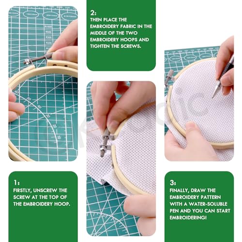 Keadic 222Pcs Embroidery Kit with Instructions Contains 100 Colors Threads, Embroidery Hoops, Sewing Pins, Floss Bobbins and Cross Stitch Tools, Hand Embroidery Starter Kit for Adults Beginners