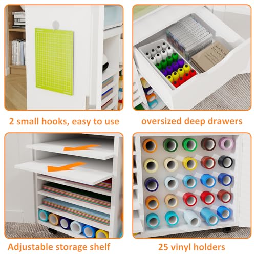 Craft Cart Cabinet Compatible with Cricut for Storage Organization, Rolling Craft Cabinet Table Stand Workstation with Vinyl Roll Holder with Wheels for Craft Room Organizer 31.6"W x 15.8"D x 33.7"H