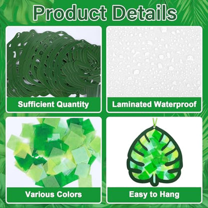 Qyeahkj 36 Set Palm Sunday Suncatchers Crafts for DIY Easter Palm Leaves Window Tissue Paper Crafts Kit Green Leaf Hanging Decor for Spring Home Activity Art Project Party Favor Gift - style: Palm Leaves