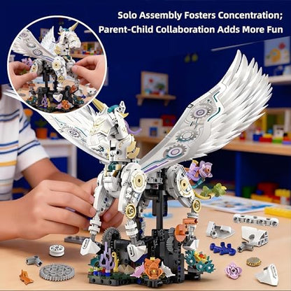 Unicorn Building Set 800+ Pcs STEM Toy Ages 8-12, Walking & Flapping Wings, Compatible with Major Building Blocks, Gift for Boys Girls