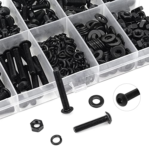 HELIFOUNER 380 Pieces M4 x 5mm /6mm /8mm /10mm /12mm /16mm /20mm, Button Head Socket Cap Screws Bolts Washers Nuts Kit, 10.9 Grade Alloy Steel, Full Threaded, Black - size: M4, style: Button Head