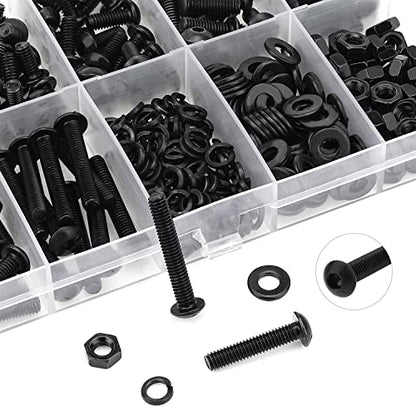 HELIFOUNER 380 Pieces M4 x 5mm /6mm /8mm /10mm /12mm /16mm /20mm, Button Head Socket Cap Screws Bolts Washers Nuts Kit, 10.9 Grade Alloy Steel, Full Threaded, Black - size: M4, style: Button Head
