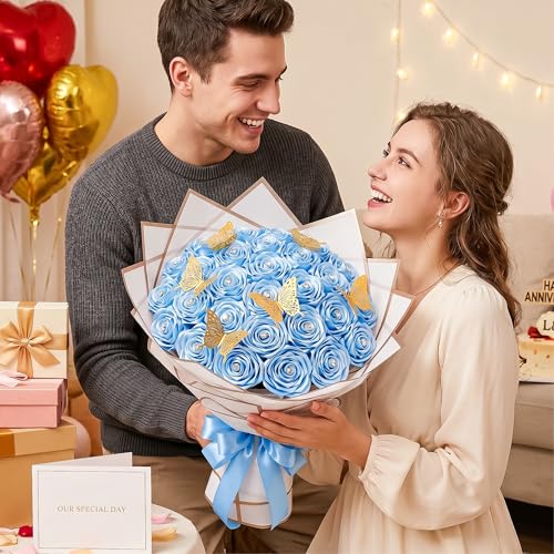 Caydo Sky Blue Ribbon Rose Bouquet for Gifts - color: Sky Blue