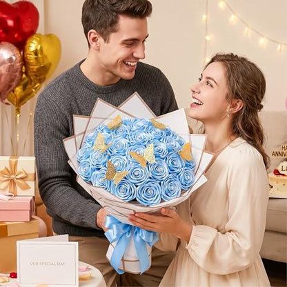 Caydo Sky Blue Ribbon Rose Bouquet for Gifts - color: Sky Blue